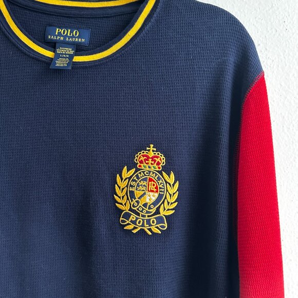 VINTAGE 90s POLO Ralph Lauren Thermal Colorblock Spell Out Long Sleeve Shirt - Picture 2 of 7